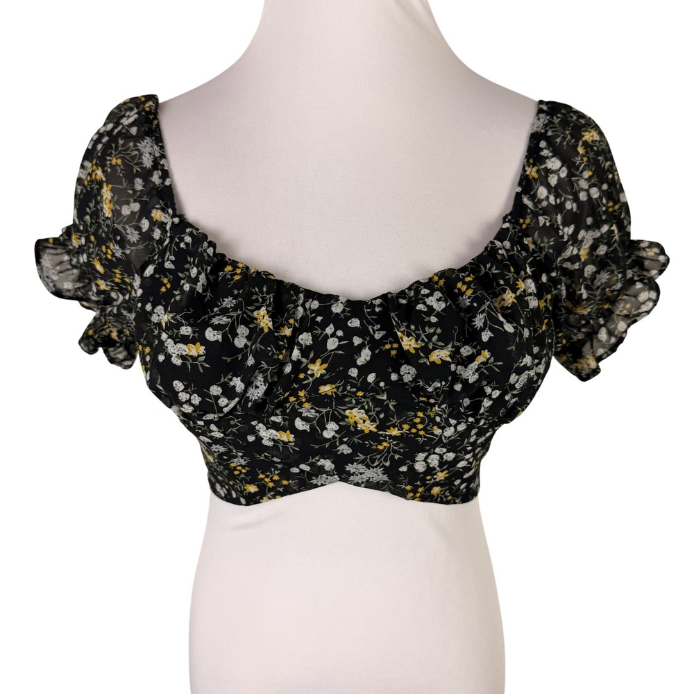 Papermoon Women's Small Black Floral Tie Back Crop‎ Top Sweetheart Puff Sleeve